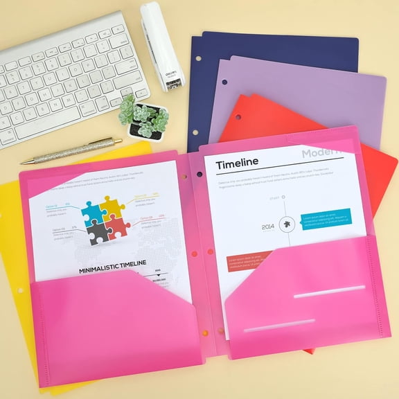 Blue Summit Supplies 6 Pack Multicolor Plastic Folders with Pockets 3 Hole Punched, Plastic Pocket Folders for 3 Ring Binder and Business Card Slot for School, Home, and Work