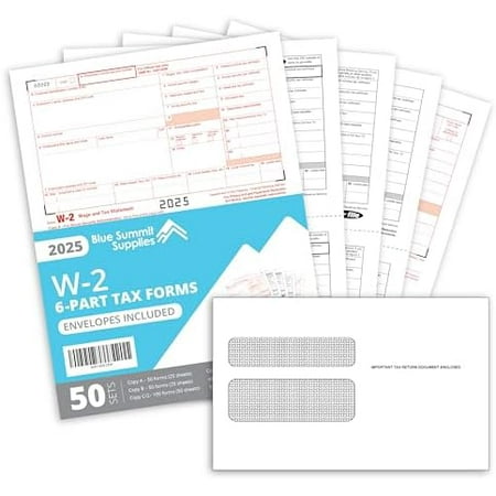 Blue Summit W2 Forms 2025 with Envelopes, 6 Part W-2 Tax Forms 2025, 50 Employee Kit of Laser Forms with 3 W3s, Compatible with QuickBooks and Accounting Software, 50 Self Seal Envelopes Included$$