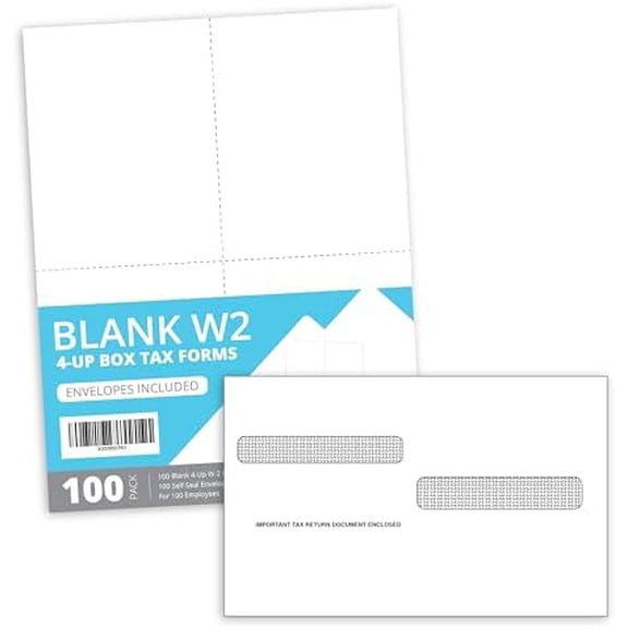 Blue Summit W2 Forms 2025 with Envelopes, Blank W2 4 UP Tax Forms 2025 4 Part, 100 Employee Perforated Paper, Compatible with QuickBooks Online, for E-Filing, Laser Inkjet, 100 Self Seal Envelopes