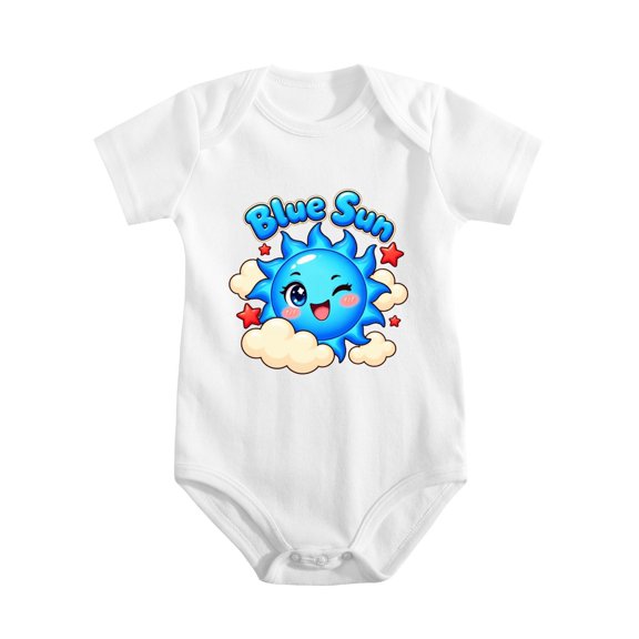 Blue Sun Face Cloud Stars Baby Bodysuit, 100% Cotton Short Sleeve Snap Romper, 0-12 Months