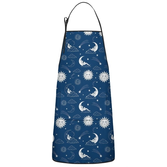 Blue Sun Moon Cloud Pattern Apron-Garden Aprons for Women with Pockets-Cotton Linen Waterproof Kitchen Cooking Gardening Aprons Adjustable for Kitchen,Cooking,BBQ and Salon 33x27 Inch