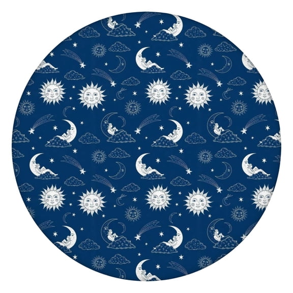 Blue Sun Moon Cloud Pattern Round Fitted Tablecloth with Elastic Edge,Dining Table Cover Waterproof,Outdoor Round Tablecloth for Camping,Dining,Indoor and Outdoor