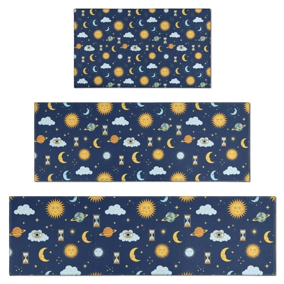 Blue Sun Moon Cloud Planet Eye Hourglass Pattern Kitchen Rugs Sets Of 3,Kitchen Runner Rugs Non Skid Washable,Decorative Kitchen Floor Mats for Kitchen,Sink,Laundry,17"x30"+ 17"x47" + 17"x59"