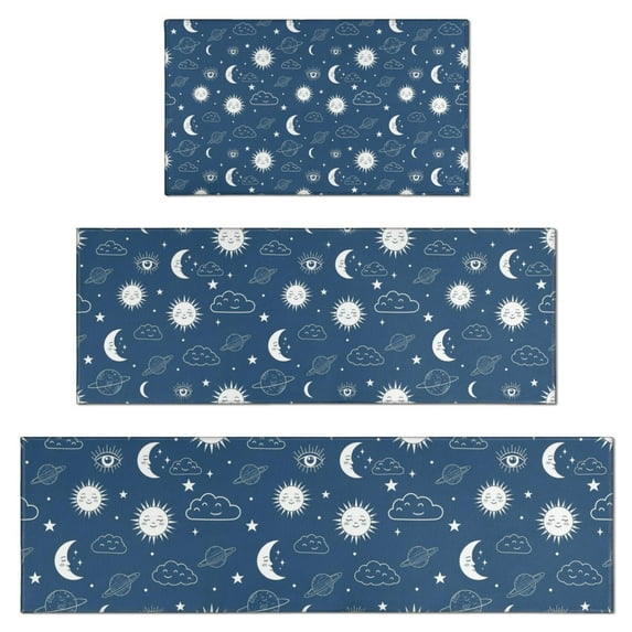 Blue Sun Moon Cloud Planet Eye Star Pattern Kitchen Rugs Sets Of 3,Kitchen Runner Rugs Non Skid Washable,Decorative Kitchen Floor Mats for Kitchen,Sink,Laundry,17"x30"+ 17"x47" + 17"x59"