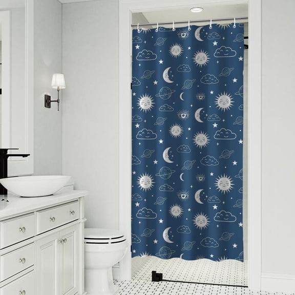 Blue Sun Moon Cloud Planet Eye Star Pattern Shower Curtain 36"x72" ,Bathroom Decorative Shower Curtains Set with 12 Hooks,Modern Waterproof Washable Shower Curtain