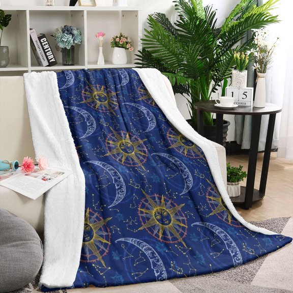 Blue Sun Moon Constellation Pattern Blanket,Comfortable Soft Flannel Throw Blanket,All Season,Warm Lightweight Blankets for Sofa Bed Couch Living Room Chair,60"x80"