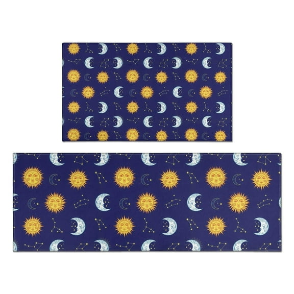Blue Sun Moon Constellation Pattern Kitchen Rugs Sets Of 2,Anti Fatigue Kitchen Mat Rugs Non Slip Washable,Decorative Kitchen Floor Mats for Kitchen,Sink,Laundry,17"x30"+17"x47"
