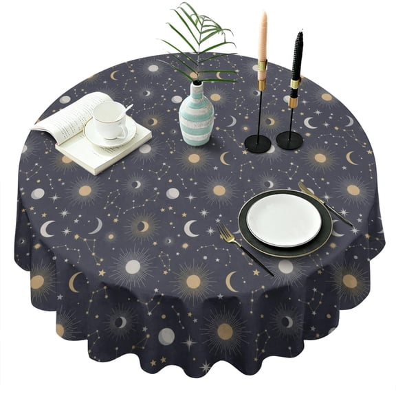 Blue Sun Moon Star Constellation Pattern Round Tablecloth 60"x60",Wrinkle Wipeable Table Cloth for Kitchen Dining Room Picnic Patio Party