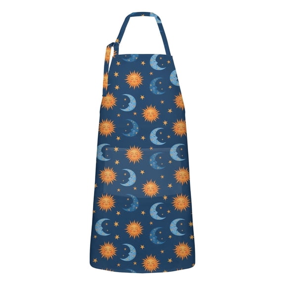 Blue Sun Moon Star Pattern Apron-Garden Aprons for Women with Pockets-Cotton Linen Waterproof Kitchen Cooking Gardening Aprons Adjustable for Kitchen,Cooking,BBQ and Salon 33x27 Inch