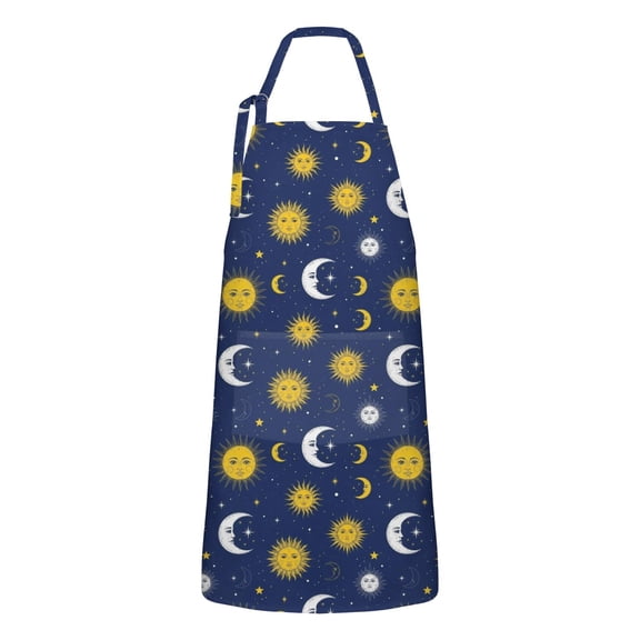 Blue Sun Moon Star Pattern Apron-Garden Aprons for Women with Pockets-Cotton Linen Waterproof Kitchen Cooking Gardening Aprons Adjustable for Kitchen,Cooking,BBQ and Salon 33x27 Inch