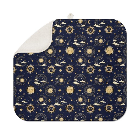 Blue Sun Moon Star Pattern Dish Drying Mat for Kitchen 1 Pack, Ultra Absorbent Microfiber Dishes Drainer Mats,16"x18"