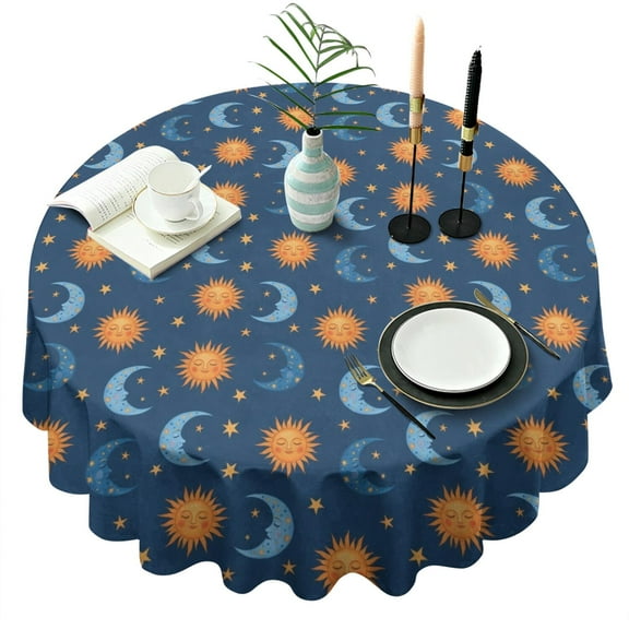 Blue Sun Moon Star Pattern Round Tablecloth 60"x60",Wrinkle Wipeable Table Cloth for Kitchen Dining Room Picnic Patio Party