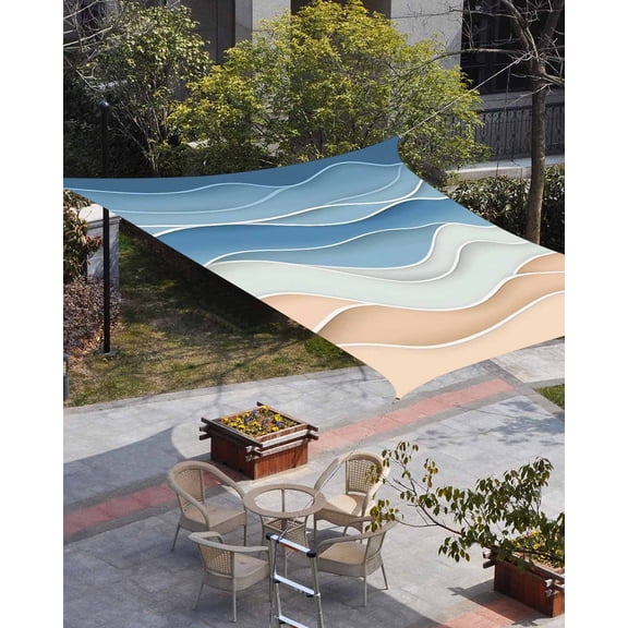 Blue Sun Shade Sail 14'x18' Rectangle Outdoor Shade Canopy, Ocean Wave Stripes Modern Abstract Beach Geometric Porch Shades Outdoor Sun Blocking Screen, Sunshade Cloth Covers for Patio/Deck/Garden