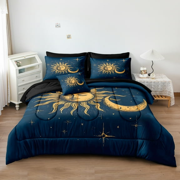 Blue Sun and Moon Comforter Set Queen 8 Pcs Bed in A Bag Galaxy Bedding Set Bohemian Gothic Comforter Set