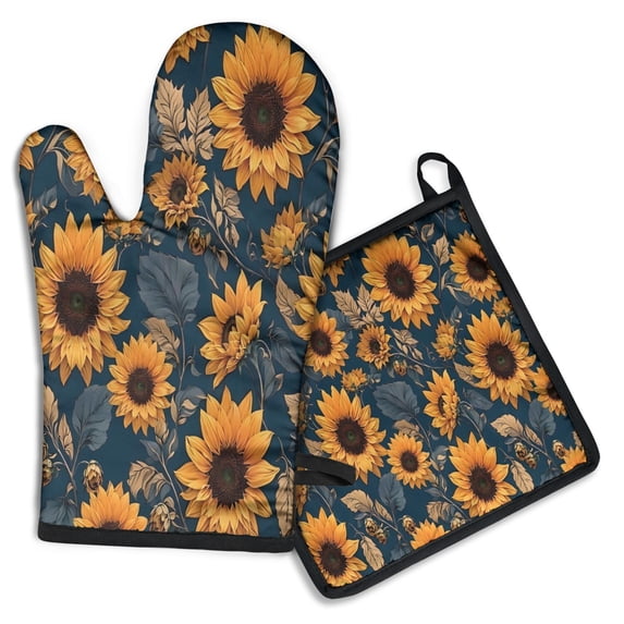 Blue Sunflower Golden Leaf Pattern Kitchen Oven Mitt and Pot Holder Sets 2 Pcs for Baking, Cooking and Grilling, Heat Resistant Up To 392 °F