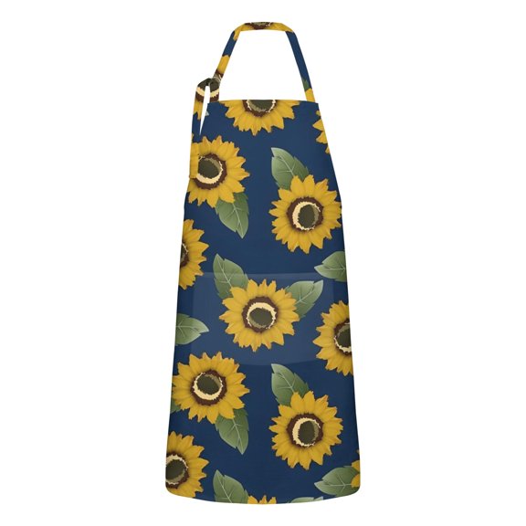 Blue Sunflower Leaf Pattern Apron-Garden Aprons for Women with Pockets-Cotton Linen Waterproof Kitchen Cooking Gardening Aprons Adjustable for Kitchen,Cooking,BBQ and Salon 33x27 Inch