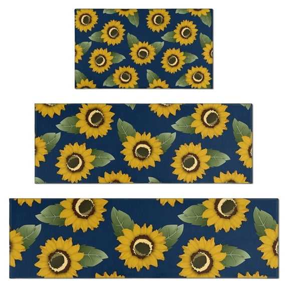 Blue Sunflower Leaf Pattern Kitchen Rugs Sets Of 3,Kitchen Runner Rugs Non Skid Washable,Decorative Kitchen Floor Mats for Kitchen,Sink,Laundry,17"x30"+ 17"x47" + 17"x59"