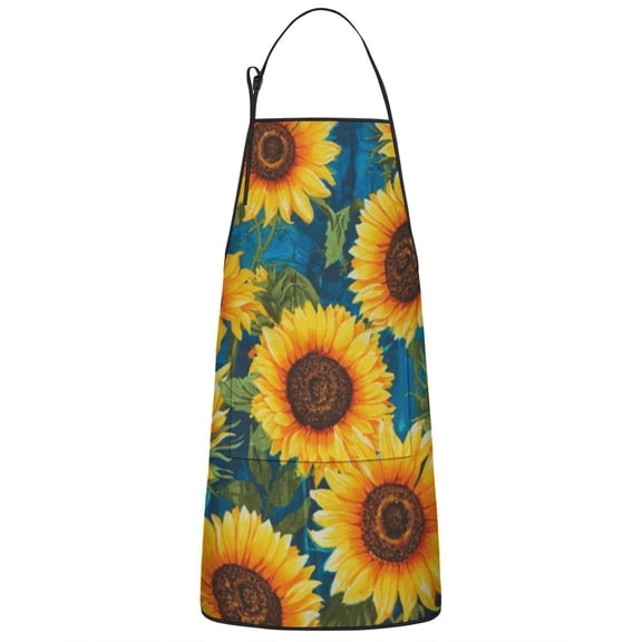 Blue Sunflower Pattern Apron-Garden Aprons for Women with Pockets-Cotton Linen Waterproof Kitchen Cooking Gardening Aprons Adjustable for Kitchen,Cooking,BBQ and Salon 33x27 Inch