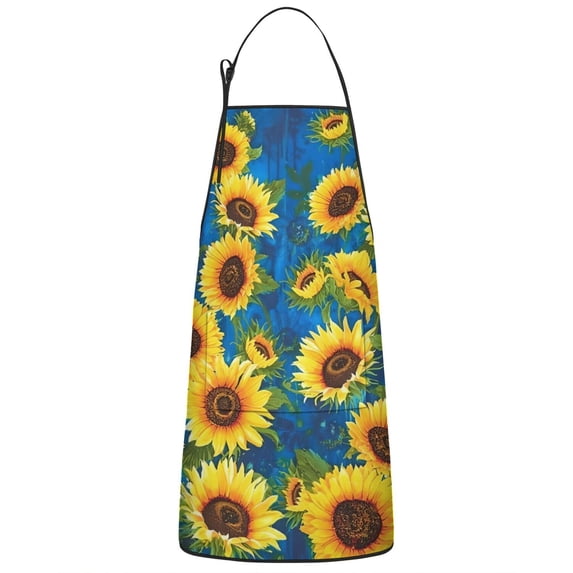 Blue Sunflower Pattern Apron-Garden Aprons for Women with Pockets-Cotton Linen Waterproof Kitchen Cooking Gardening Aprons Adjustable for Kitchen,Cooking,BBQ and Salon 33x27 Inch