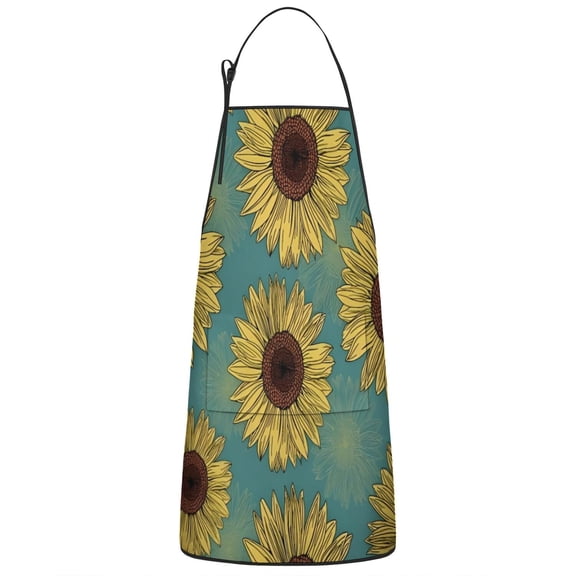 Blue Sunflower Pattern Apron-Garden Aprons for Women with Pockets-Cotton Linen Waterproof Kitchen Cooking Gardening Aprons Adjustable for Kitchen,Cooking,BBQ and Salon 33x27 Inch