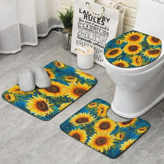 Blue Sunflower Pattern Bathroom Rugs Sets 3 Piece,Toilet Cover Set,Absorbent Non Slip Bathroom Mats Sets with U-Shaped Contour Rug Toilet Rug Set