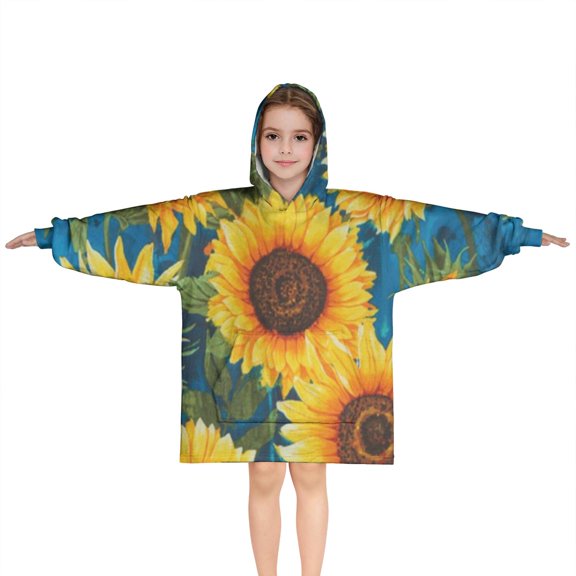 Blue Sunflower Pattern Blanket Hoodies for Kids 6-13YR Oversize Wearable Blanket Hoodies for Boys Girls Teens