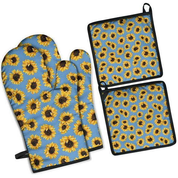 Blue Sunflower Pattern Kitchen Oven Mitt and Pot Holder Sets 4 Pcs for Baking, Cooking and Grilling, Heat Resistant Up To 392 °F