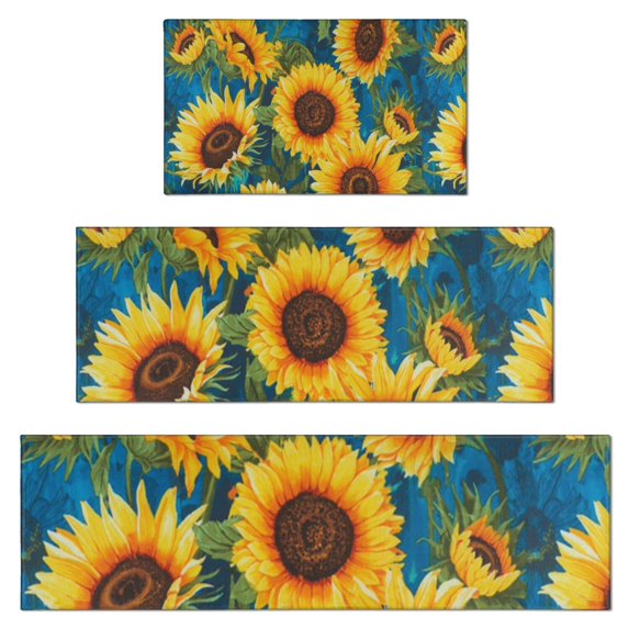 Blue Sunflower Pattern Kitchen Rugs Sets Of 3,Kitchen Runner Rugs Non Skid Washable,Decorative Kitchen Floor Mats for Kitchen,Sink,Laundry,17"x30"+ 17"x47" + 17"x59"