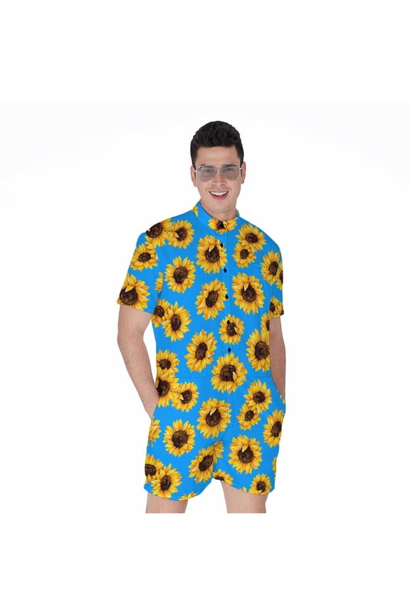 Blue Sunflower Pattern Short Sleeve Men'S Rompers Casual Summer Jumpsuits Outfit