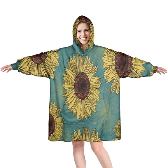 Blue Sunflower Pattern Wearable Oversized Blanket,Wearable Blanket Hoodie for Adults,Cozy Hooded Blankets with Super Pockets,Super Warm Fuzzy Pullover for Women & Men