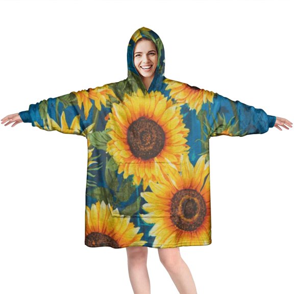 Blue Sunflower Pattern Wearable Oversized Blanket,Wearable Blanket Hoodie for Adults,Cozy Hooded Blankets with Super Pockets,Super Warm Fuzzy Pullover for Women & Men