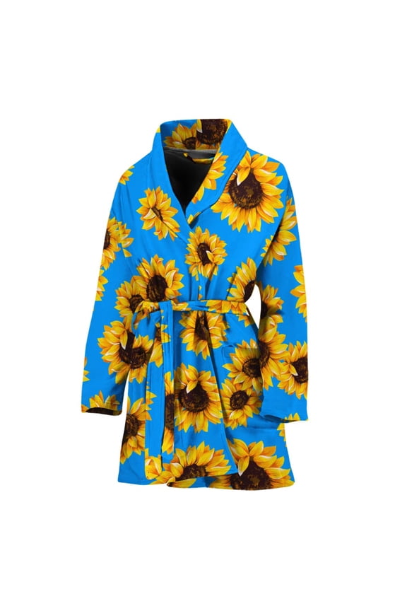 Blue Sunflower Pattern Women Bathrobe One Size Univeral Fits Fashion Lightweight Plush Fleece Long Robe For Women