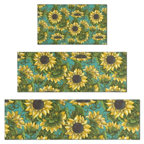 Blue Sunflower Vine Leaf Pattern Kitchen Rugs Sets Of 3,Kitchen Runner Rugs Non Skid Washable,Decorative Kitchen Floor Mats for Kitchen,Sink,Laundry,17"x30"+ 17"x47" + 17"x59"