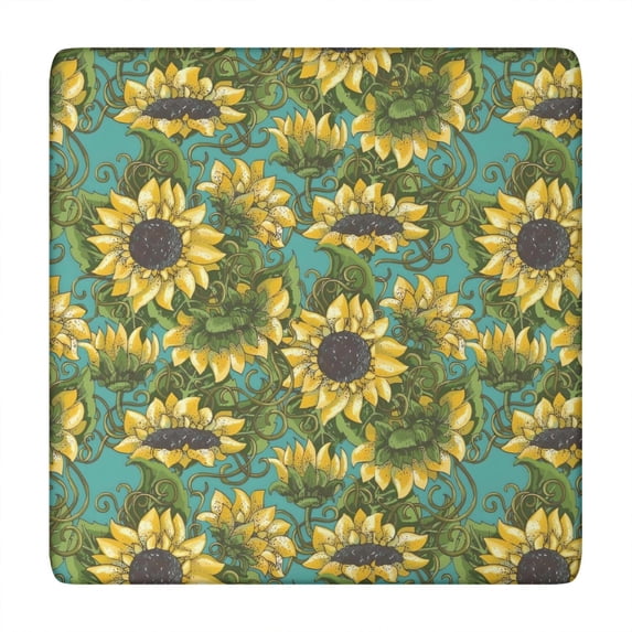 Blue Sunflower Vine Leaf Pattern Square Fitted Tablecloth with Elastic Edge,Square Table Cover,Washable Elastic Table Cover for Home Kitchen Party Decor 34"x34"