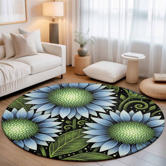 Blue Sunflower Washable Round Area Rug 3.3 ft, Country Pastoral Vintage ...