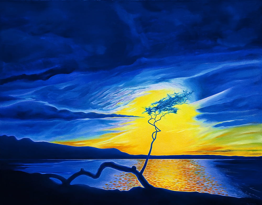 Blue Sunset At Anaehoomalu Hawaii Big Island Blue And Yellow Sunset Sky Single Tree Branch Silhouetted (Acrylic And Oil Painting) Canvas Art - Fay Biegun Design Pics (32 x 24)