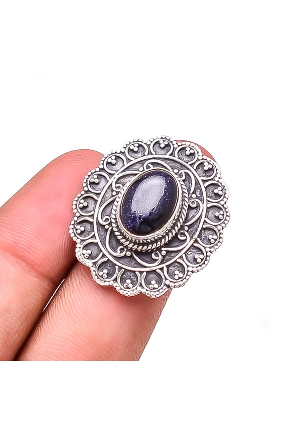Blue Sunstone Designer Handmade Oxidised 925 Sterling Silver Ring S.7 R19