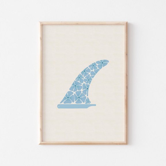 Blue Surf Fin Art Print Coastal Surf Illustration Boho Beach Wall Art Longboard Poster