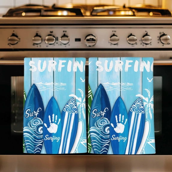 Blue Surfboard Kitchen Towels Set of 4, Summer Beach Tropical Coconut Tree Wooden Absorbent Dish Towels for Kitchen, Microfiber Hand Towel, Quick Drying Tea Towel for Cleaning Decorative Dishcloths