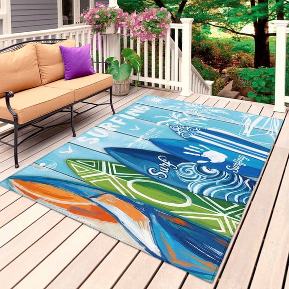 Blue Surfboard Outdoor Rug 3x5 Ft, Non Slip Washable Area Rug, Summer Beach Tropical Coconut Tree Wooden Patio Rugs Carpet Runner, Large Floor Mat for Indoor/Outdoor Deck Porch Camping