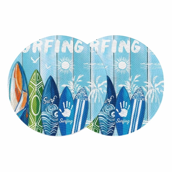 Blue Surfboard Round 13 Inch Placemats Set of 2, Summer Beach Tropical Coconut Tree Wooden HeatResistant Non Slip Place Mats for Dining Table, Wipeable Braided Kitchen Table Mats for Housewarming