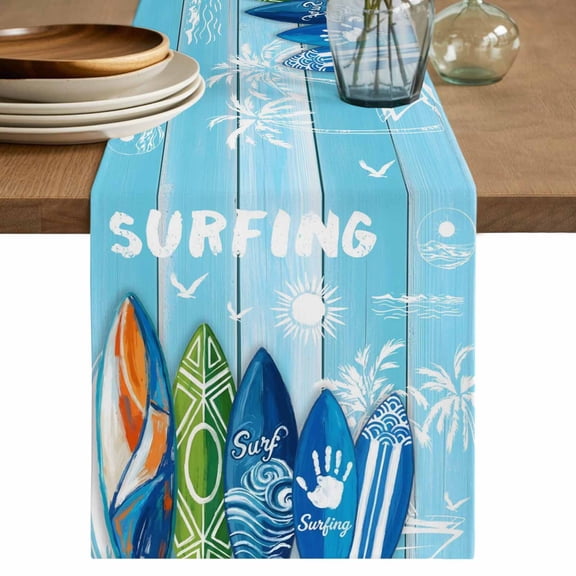 Blue Surfboard Table Runner, Summer Beach Tropical Coconut Tree Wooden Washable Cotton Linen Table Runners 36 Inches Long, Dresser Scarf Runner for Nightstand/End Tables/Round Tables 13''x36''