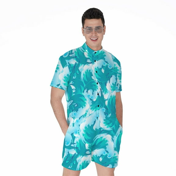 Blue Surfing Wave Pattern Short Sleeve Men'S Rompers Casual Summer Jumpsuits Outfit