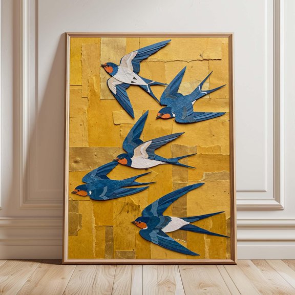 Blue Swallow Bird Print Paper Cut Imitation Collage Wall Art Mustard Yellow Botanical Post