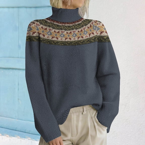 Blue Sweaters for Womens Turtleneck Knitted Print Retro Sweater Long Sleeve Oversized Pullover Fall Sweaters for Women 2025 Womens Fall Fashion Must Haves