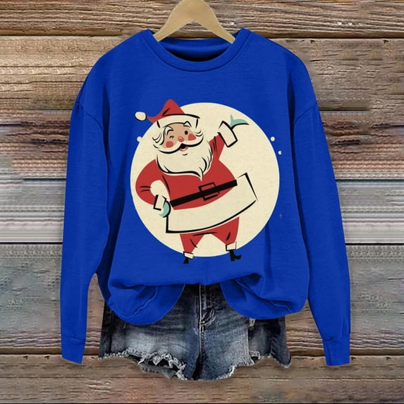 Blue Sweaters for Women Christmas Sweatshirts for Women Retro Santa Graphic Long Sleeve Shirt Xmas Pullover Tops Womens Fall Fashion Must Haves