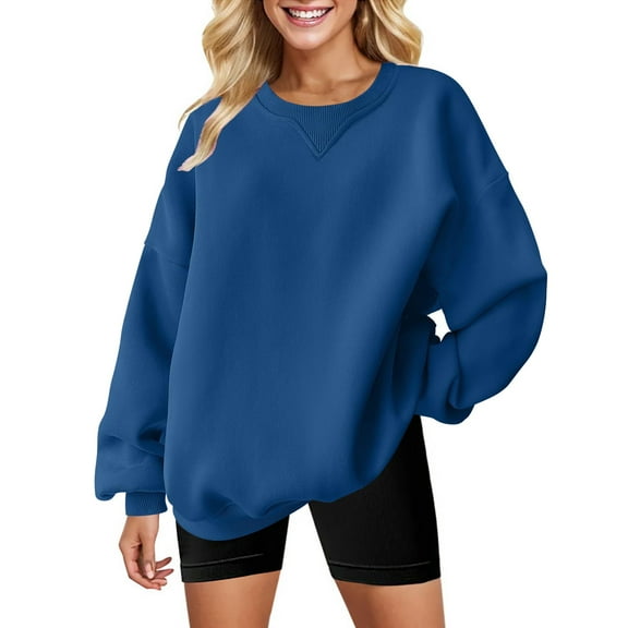Blue Sweaters for Women'S Solid Color Round Neck Oversized Sweatshirt Loose Fit Long Sleeve Light Sweatshirt Loose Blouse Womens Fall Fashion 2025