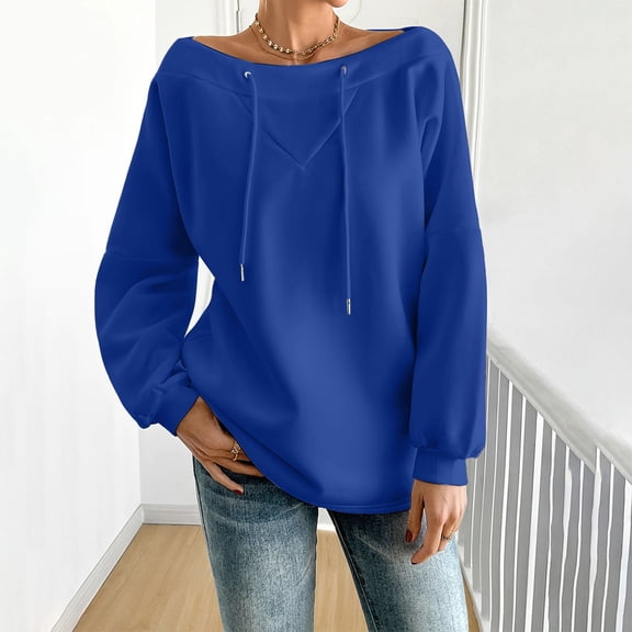 Blue Sweaters for Womens Casual Off The Shoulder Sweatshirts Oversized Long Sleeve Boat Neck Sweatshirts Womens Fall Fashion 2025