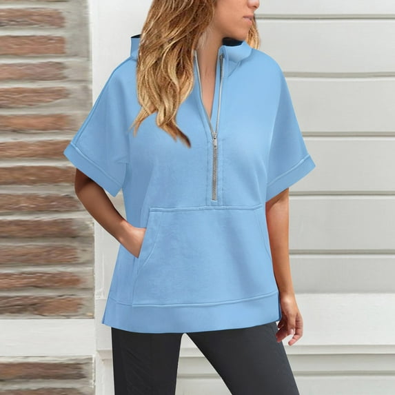 Blue Sweaters for Womens Oversized Half Zip Hoodies Short Sleeve Casual Sweatshirts Pullover Tops with Pockets Womens Fall Fashion 2025