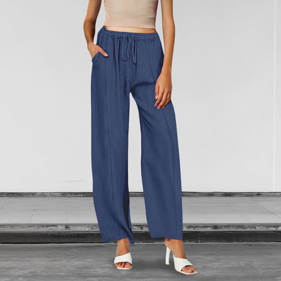 Blue Sweatpants Women Casual Solid Color Trouser Pant Cotton Blend Drawstring Elastic Waist Pocket Long Wide Leg Pants Fashion Clothing